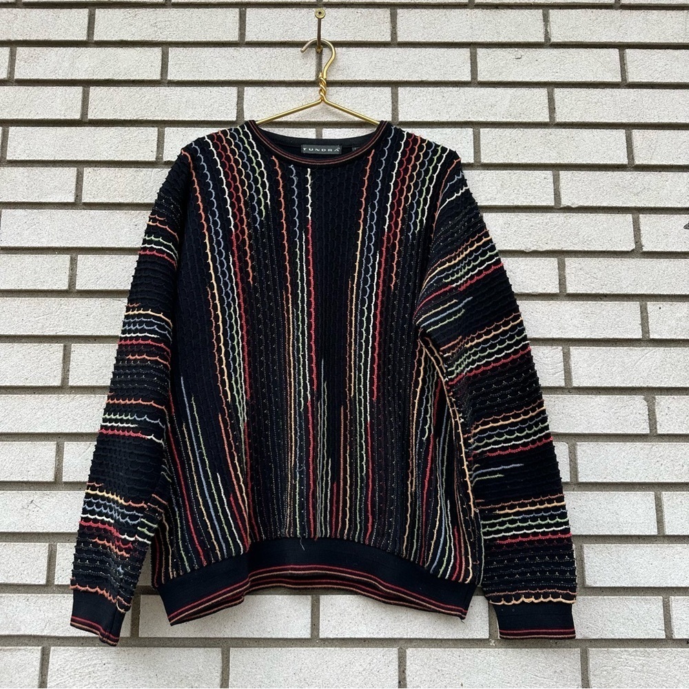 Vintage Tundra Canada 3D Knit Crewneck Sweater Multicolor Textured Cotton L